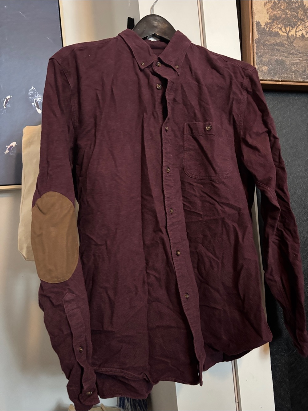 J. Crew Men's Button-Down Shirt in Burgundy with Tan Elbow Patches